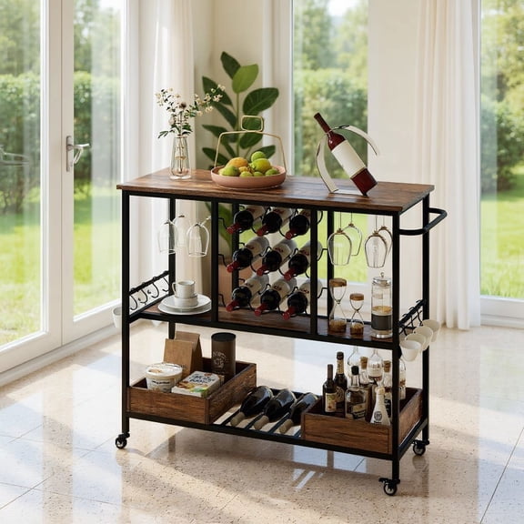 Barara King Kitchen Bakers Rack, Kitchen Microwave Stand, 3 Tiers Bar Cart on Wheels with Glass Racks-Rustic Brown