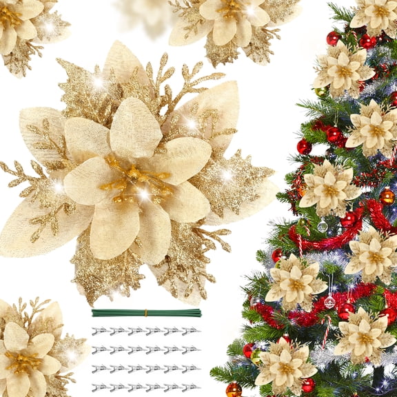 Yalumo 24 Pcs Glitter Poinsettia Flowers Artificial, 5.5" Poinsettia Christmas Decorations, Christmas Tree Decorations Ornaments with Clips Stems for Wreath Party Home