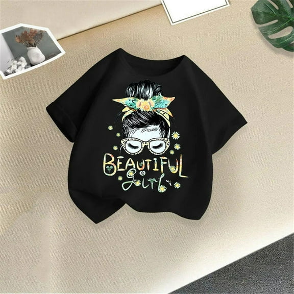 Amidoa Girls Short Sleeve Crewneck Summer Graphic T Shirts Casual Cotton Kids Tops Black Size 10