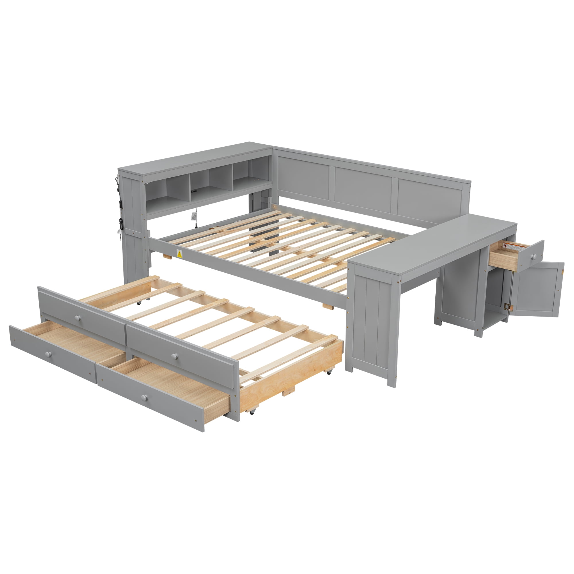 Sailvan Full Size Daybed with Storage Drawers, Trundle and Built-in Desk Gray