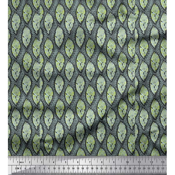 Soimoi Gray Silk Fabric Artistic Leaves Printed Fabric 1 Yard 42 Inch Wide