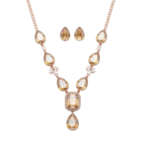 RK Art Jewelry - Women's Champagne Crystal Necklace Set with Earrings, Rose Gold Tone Statement Jewelry for Party & Wedding Wear