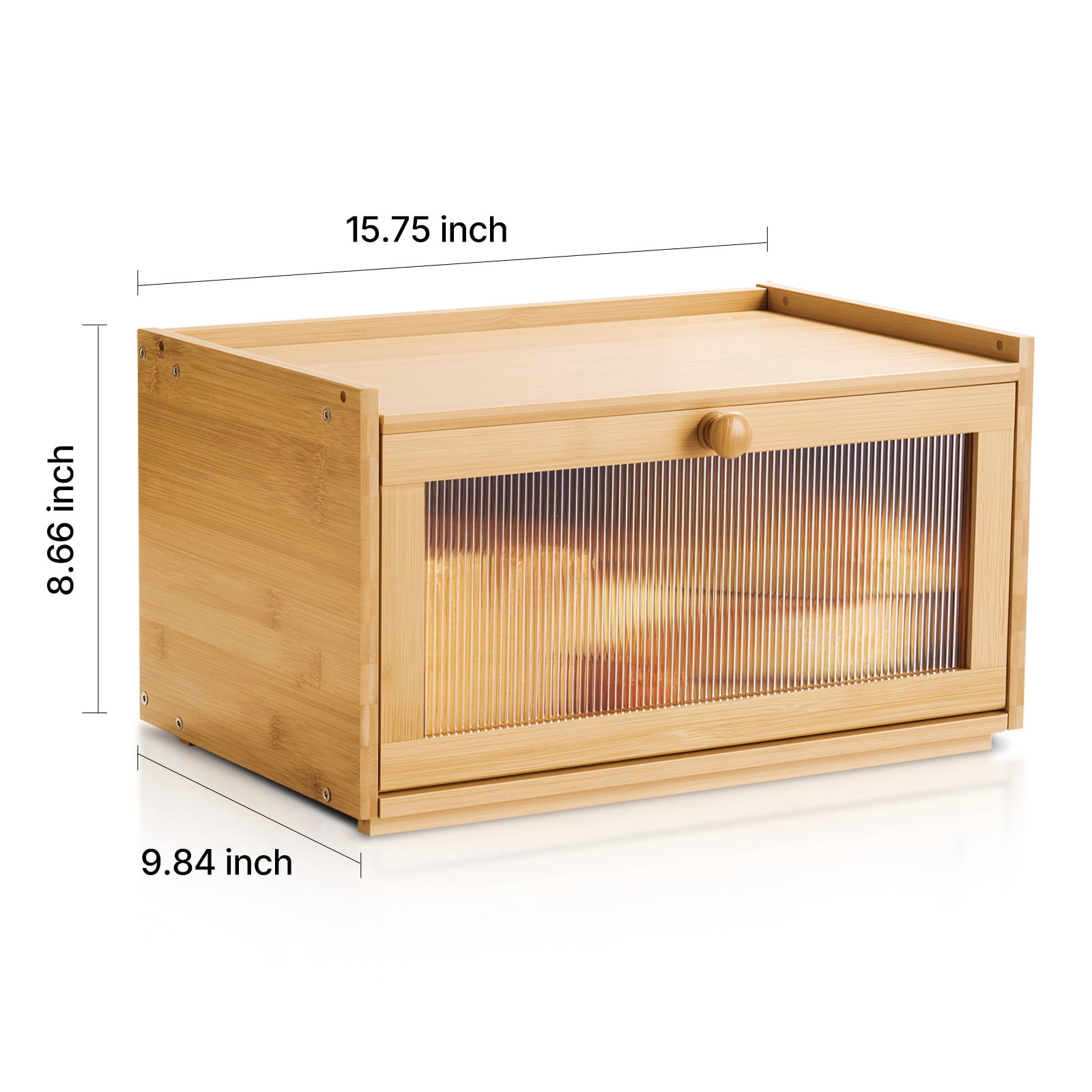 KFFKFF Large Capacity Bamboo Bread Storage Box for Kitchen Counter, Wooden Organizer for Homemade Bread with Acrylic Wavy Door, Natural Farmhouse Design
