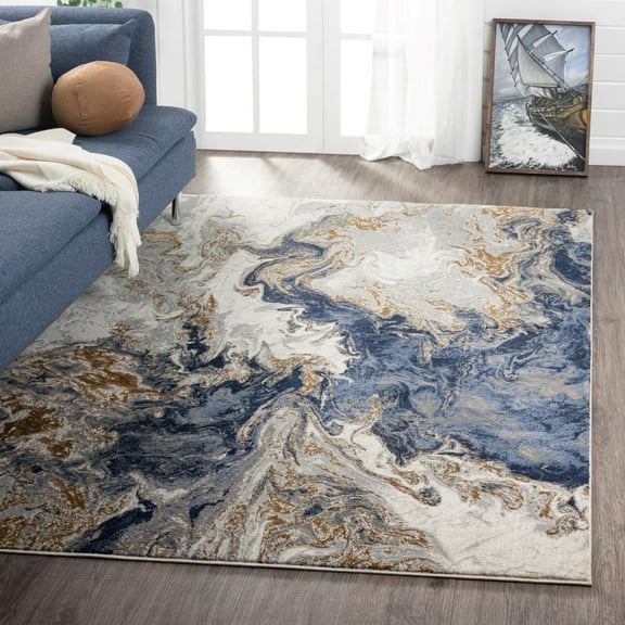 Luxe Weavers Marble Swirl Collection Blue Abstract 4x5 Area Rug Gold