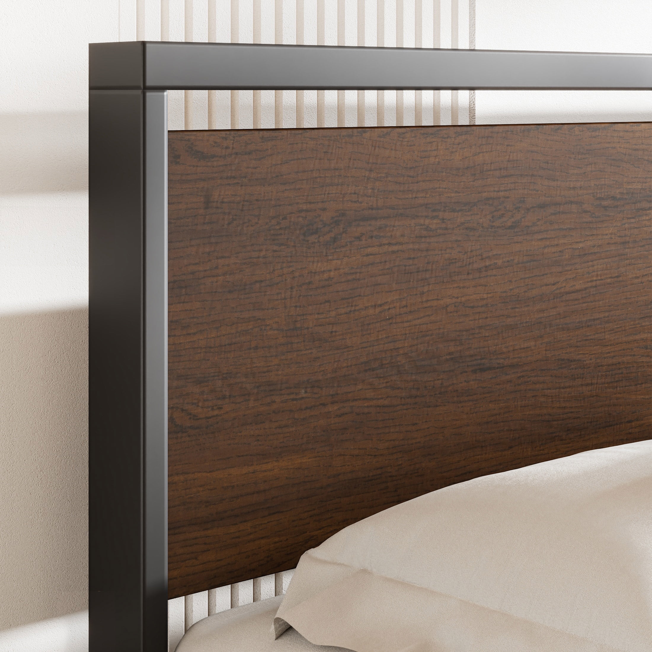 Sha Cerlin Walnut Queen Size Metal Platform Bed Frame with Wooden Headboard & Footboard, Adult