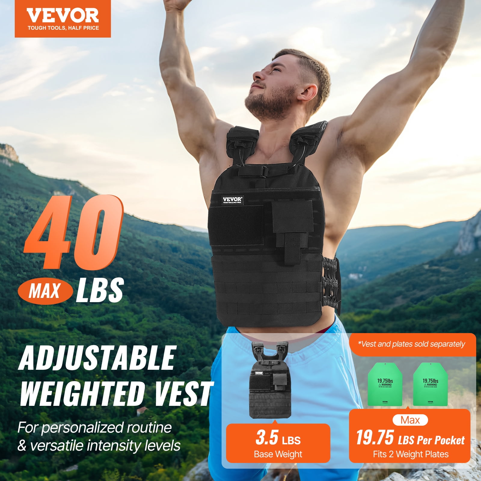 VEVOR Weighted Vest, 40lb Weight Vest, Adjustable Body Weight Jacket for Men Women, Workout Equipment for Strength and Endurance Training, Running, Jogging, Walking, Fitness, and Weight Loss