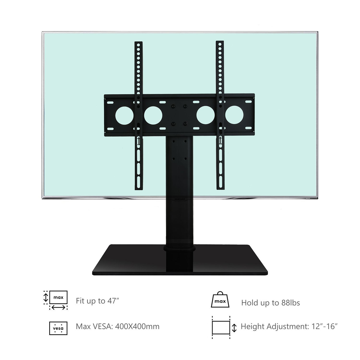 wali table top tv stand with glass base and security wire fits most 32-47  inch led, lcd, oled and plasma flat screen tv with vesa pattern up to 