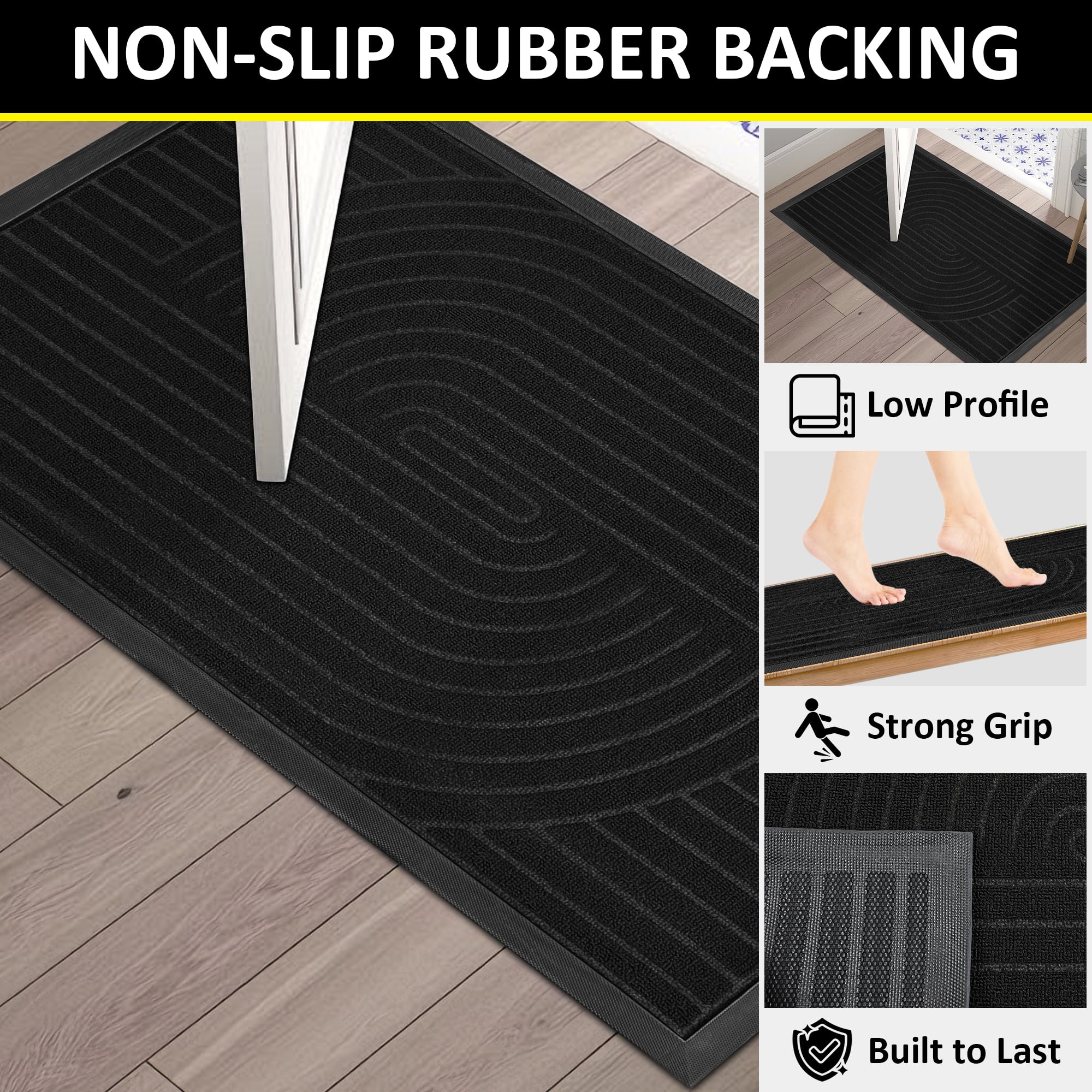 Vaparinckl Outdoor Mat, Non Slip 24"x36" Doormat, Front Door Welcome Mat, Absorbent Rubber, Low Profile Dirt Trapper Indoor Rug For Entryway & Outside Entrance, Black