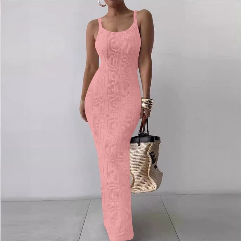 CHGBMOK Sundresses for Women 2025 Tight Fitting Dress with Sleeveless  Temperament Long Skirt Suspender Round Neck Dress Sizes S-2XL - Walmart.com