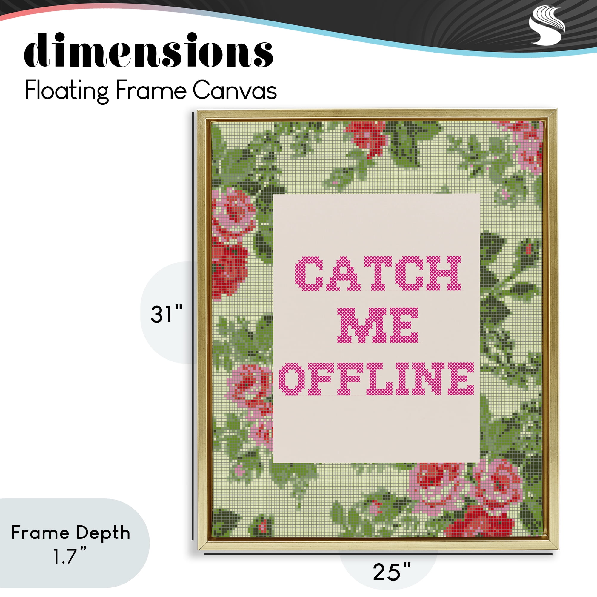 Stupell Industries Catch Me Offline Faux Cross Stitch Gold Framed Floater Canvas Wall Art, design by Lil' Rue