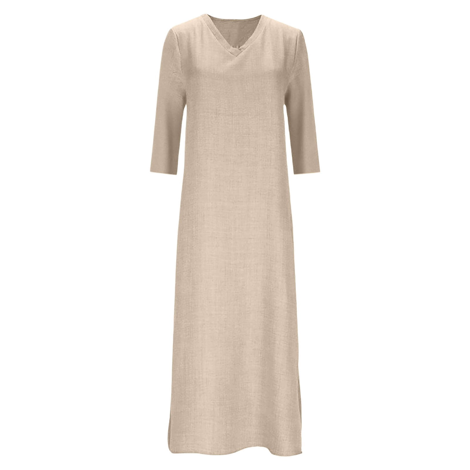 LIIPEE Women Dresses Solid Color Loose 3/4 Sleeve V Neck A-Line Midi Sundress Woman Breathable Birthday Wedding Weekend Dress,Beige,S