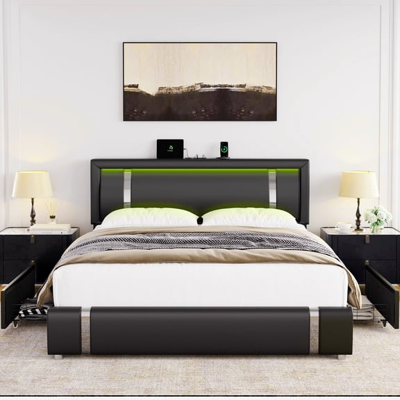 Homfa Queen Size Bed Frame with Led Light & Charge Port & 2 Storage Drawer, PU Low Profile Upholstered Platform Bed with Adjustable Headboard, Black