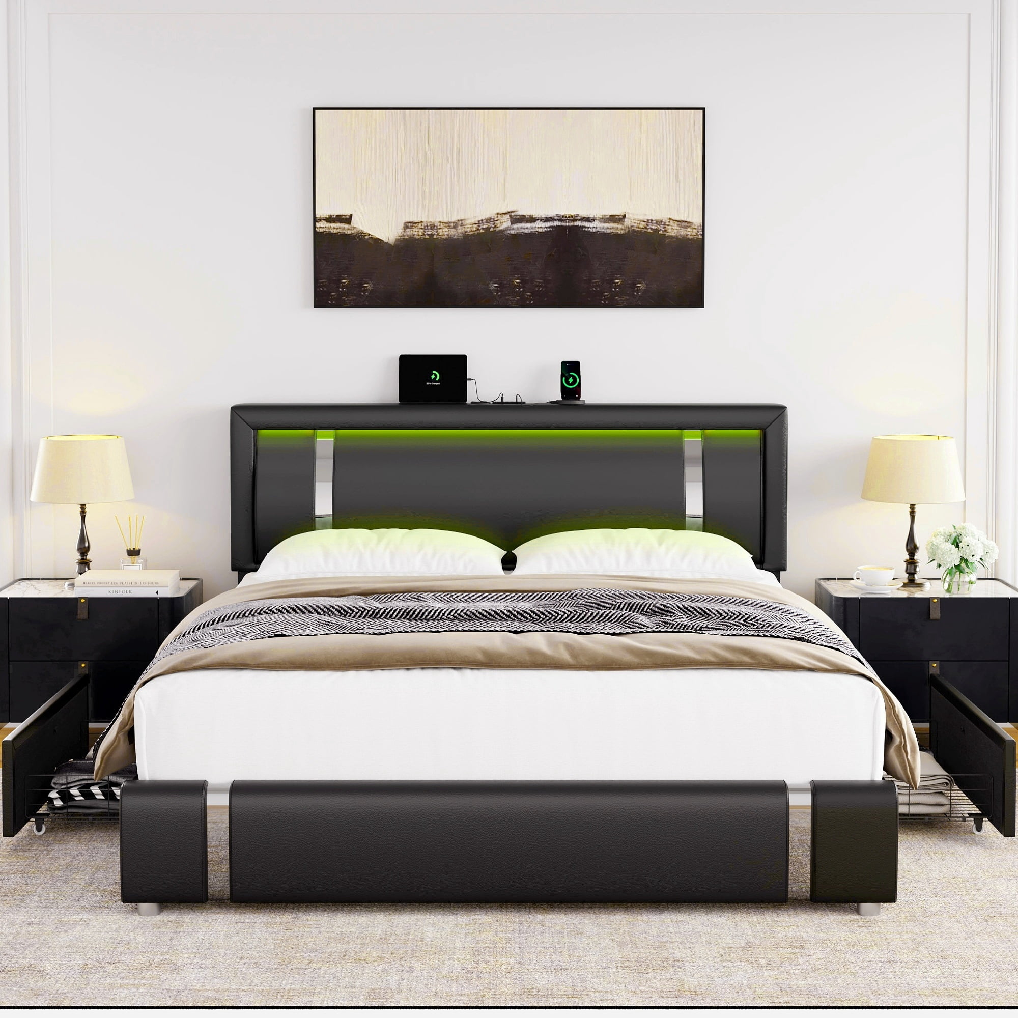 Homfa Queen Size Bed Frame with Led Light & Charge Port & 2 Storage Drawer, PU Low Profile Upholstered Platform Bed with Adjustable Headboard, Black