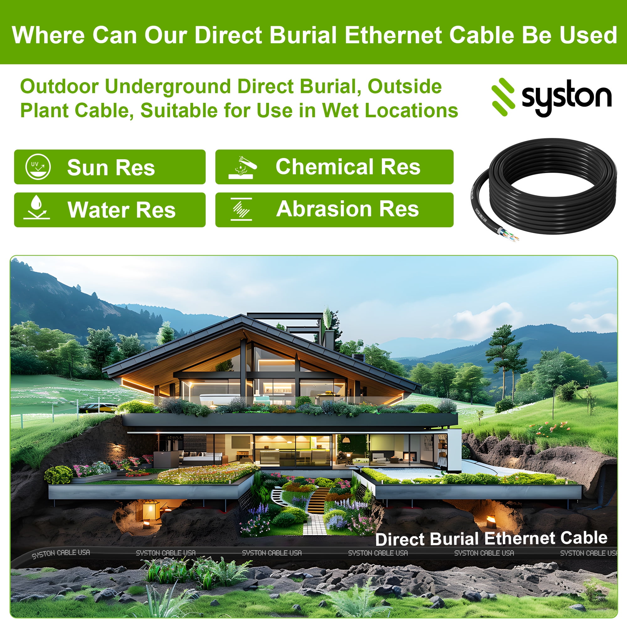 Syston Direct Burial Shielded Cat 6E Ethernet Network Cable, Bulk 600 MHz F/UTP 23 AWG Pure Bare Copper Outside Plant (OSP) - Rated, Waterproof Dual-Layer Jacket for Outdoor Wet Location Application