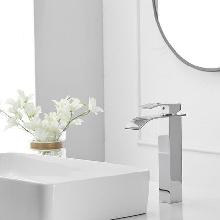 

Eccomum Waterfall Single Hole Single Handle Bathroom Vessel Sink With Pop-up Drain Assembly in Polished Chrome