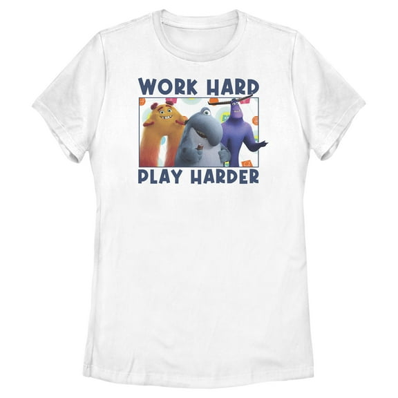 Women's Monsters at Work Work Hard Play Harder  Graphic Tee White Large