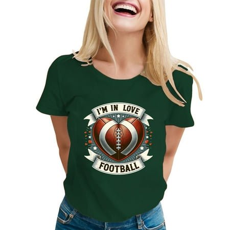 TSADFHJI Hauts pour Femmes Automne Coton Femmes Manches Courtes Décontracté Ample Baseball Football Col Rond T-Shirt Haut L Vert