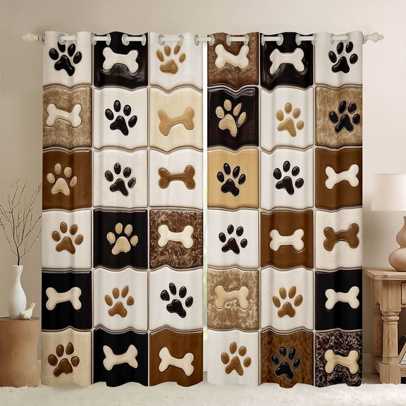 Homewish Paw Bone Plaid Kitchen Curtains,Retro Pet Dog Theme Black Out Curtains Pack of 2 (42x63 Each),Brown
