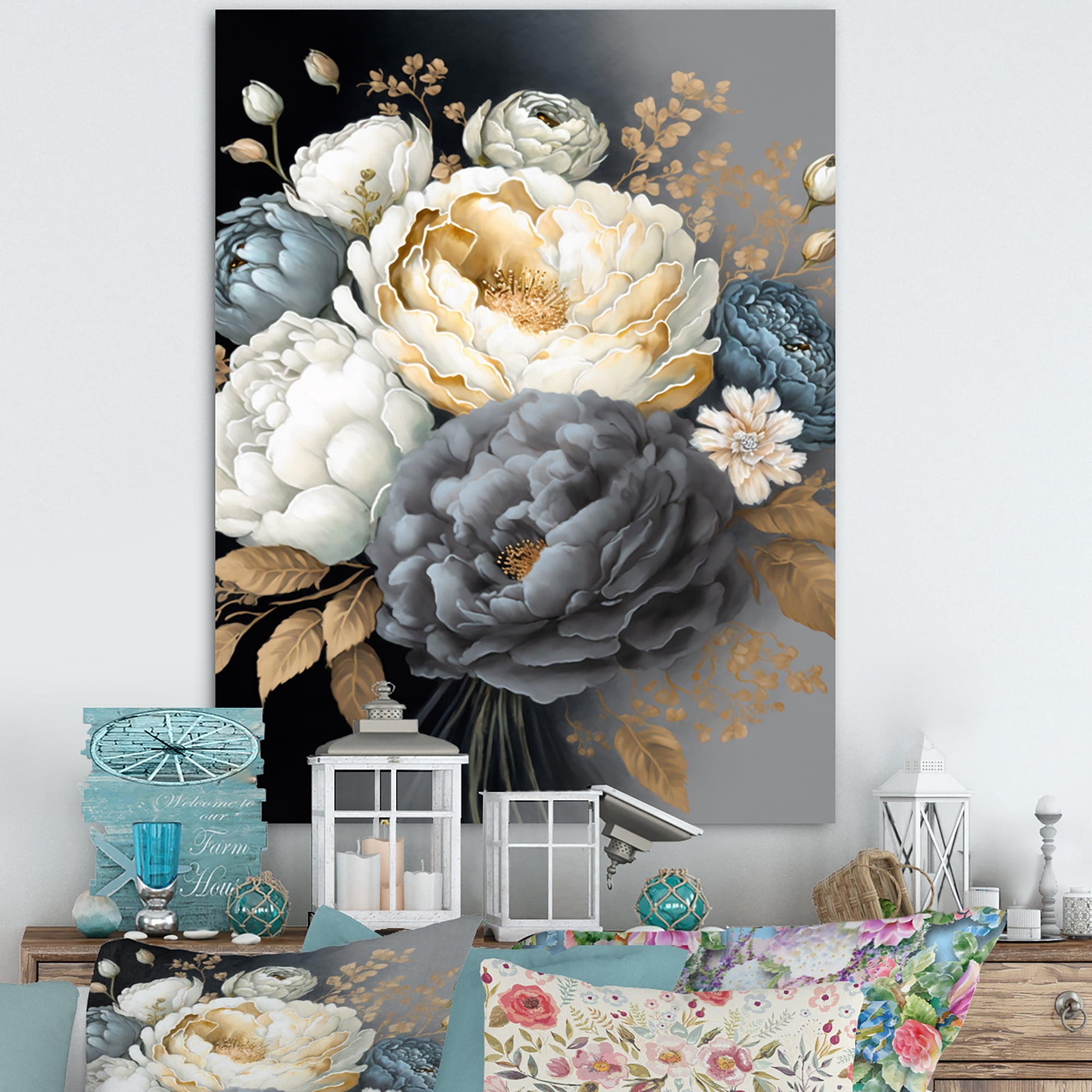 Designart White, Blue And Grey Peony Bouquet I Canvas Wall Art