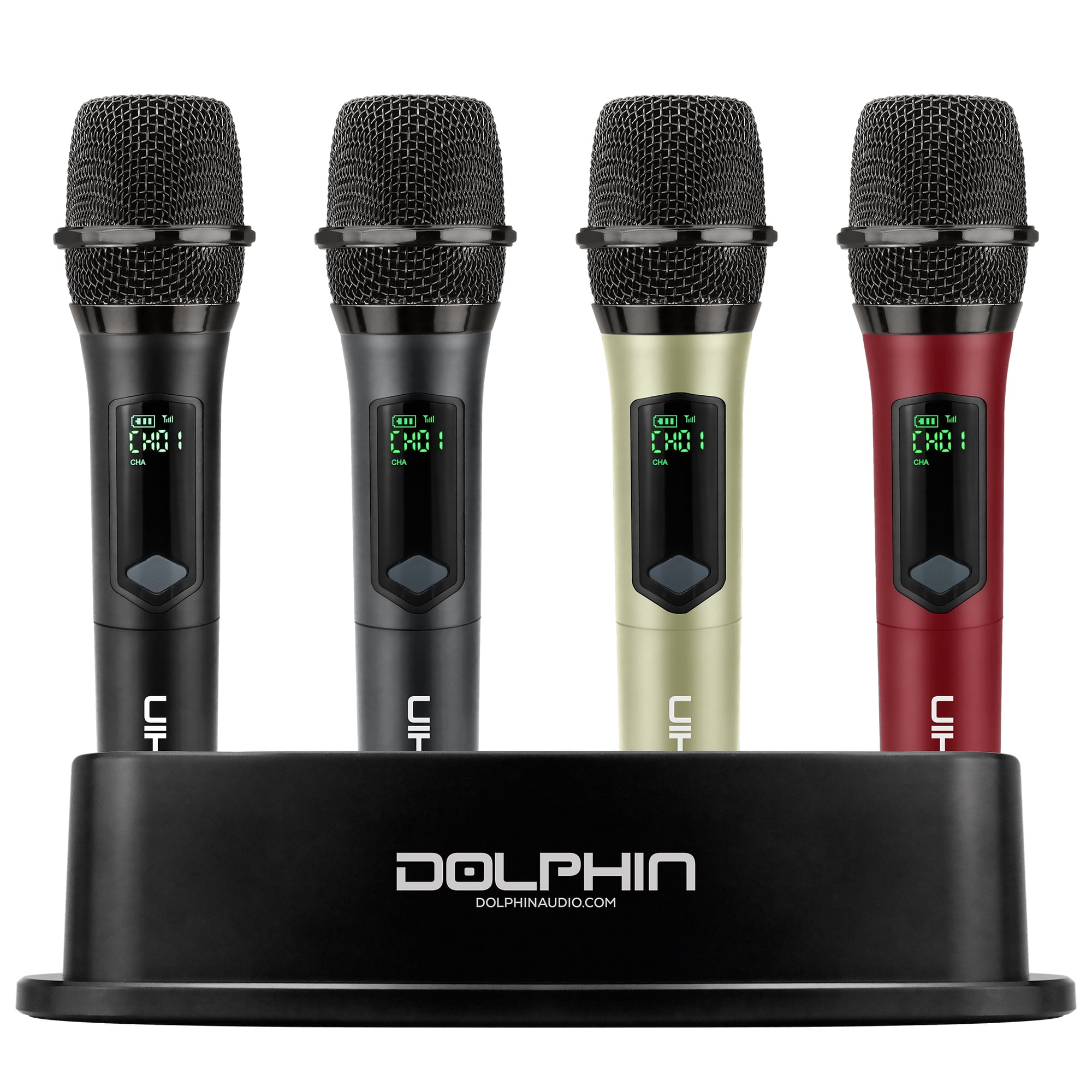 Dolphin Audio MCX-804 1-Channel 2.4-GHz Wireless Mic System 4 Handheld Dynamic Cardioid Mics up to 55-Yard Range Charging Base 1/4-In. Receiver