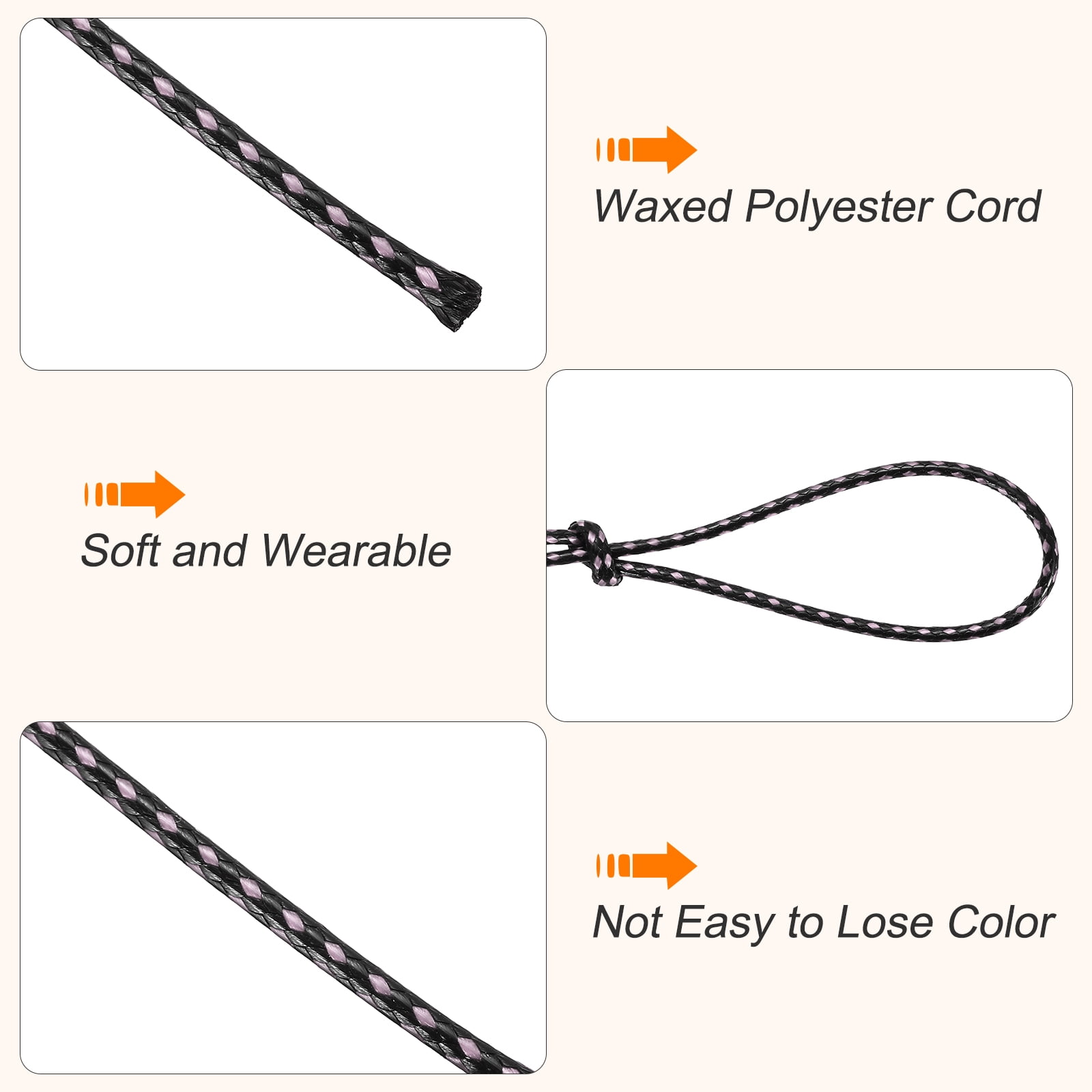 Waxed Cord 2mm Waxed Thread 87 Yard Wax String Leather Cord for Bracelet Making, Necklaces, Beading, Jewelry Making and DIY Crafts(Light Pink/Black)