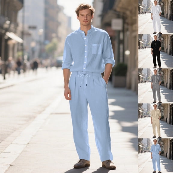 UVEASISHA Mens Linen Pants Sets Vacation Beach Outfits 2 Piece Summer Long Sleeve Button Down Shirt and Loose Slacks Matching Set with Pockets Black L