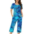 thumbnail image 2 of GaThRRgYP 2 Piece Womens Short Sleeve Pajama Sets for Women,2PC Women's Solid Color V Neck Lace Splicing Short Sleeve Sleepshirt and Pants Sets Loungewear Pajamas with Pockets Blue L, 2 of 5