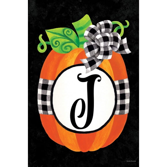 Custom Decor Gingham Pumpkin - Letter J - Embroidered Monogram - Decorative Double Sided Flag - Garden Size, 12 Inch X 18 Inch, Licensed, Copyright & Trademark CDI. USA