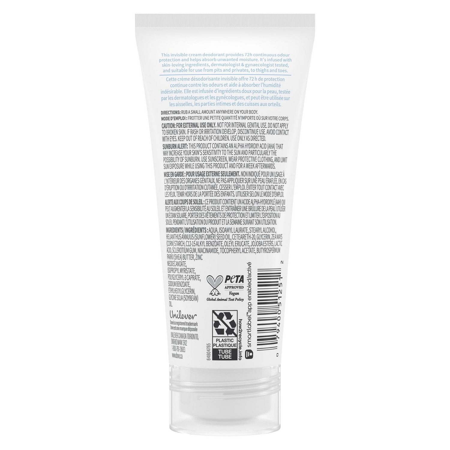 Dove Crème Déodorante Sans Aluminium Pour Tout le Corps Dove, Équilibrant le pH Hypoallergénique, Non Parfumée, 72 heures de protection anti-odeurs 73 mL