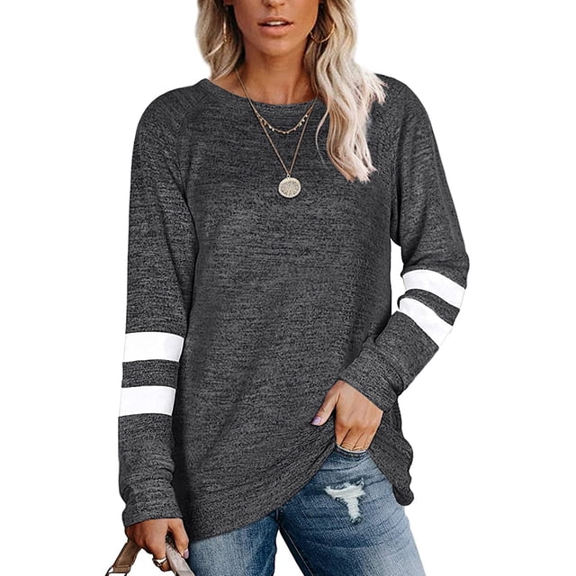 T-Shirts Décontractés à Manches Longues Rayés pour Femmes, Col Rond, Hauts Unis, Blouse Ample de Loisirs