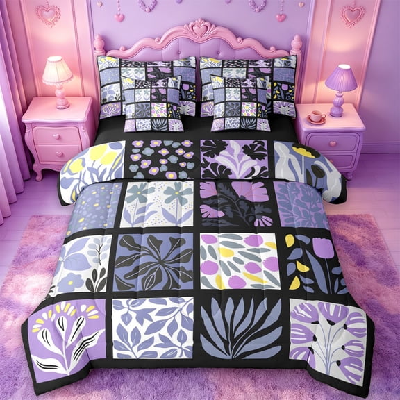 jejeloiu Abstract Floral 7 Pieces Full Size Bedding Sets For Girls,Patchwork Print Full Size Bed in a Bag,Purple Black White,Black Reversible