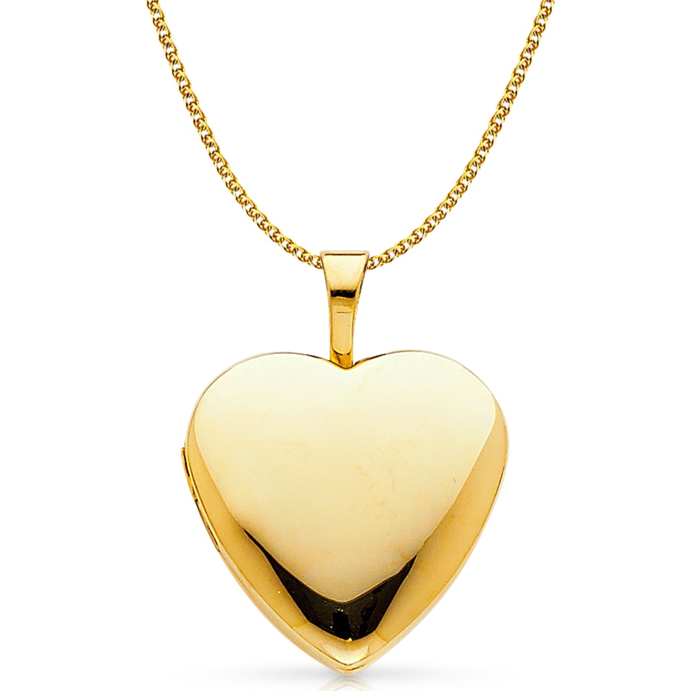 14K Yellow Gold Open Fancy Heart Round Cut Cubic Zirconia CZ Charm Pendant with 1.5mm Flat Open Wheat Chain Necklace