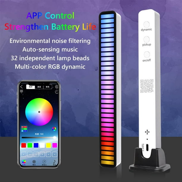 Kuymtek Barra de luz activada por voz RGB 32LED con control de aplicación tipo C (blanco piano x2)