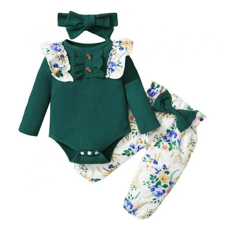 

LOVEBAY 3Pcs Newborn Baby Girl Clothes Set Long Sleeve Romper Pants Headband Outfit Set