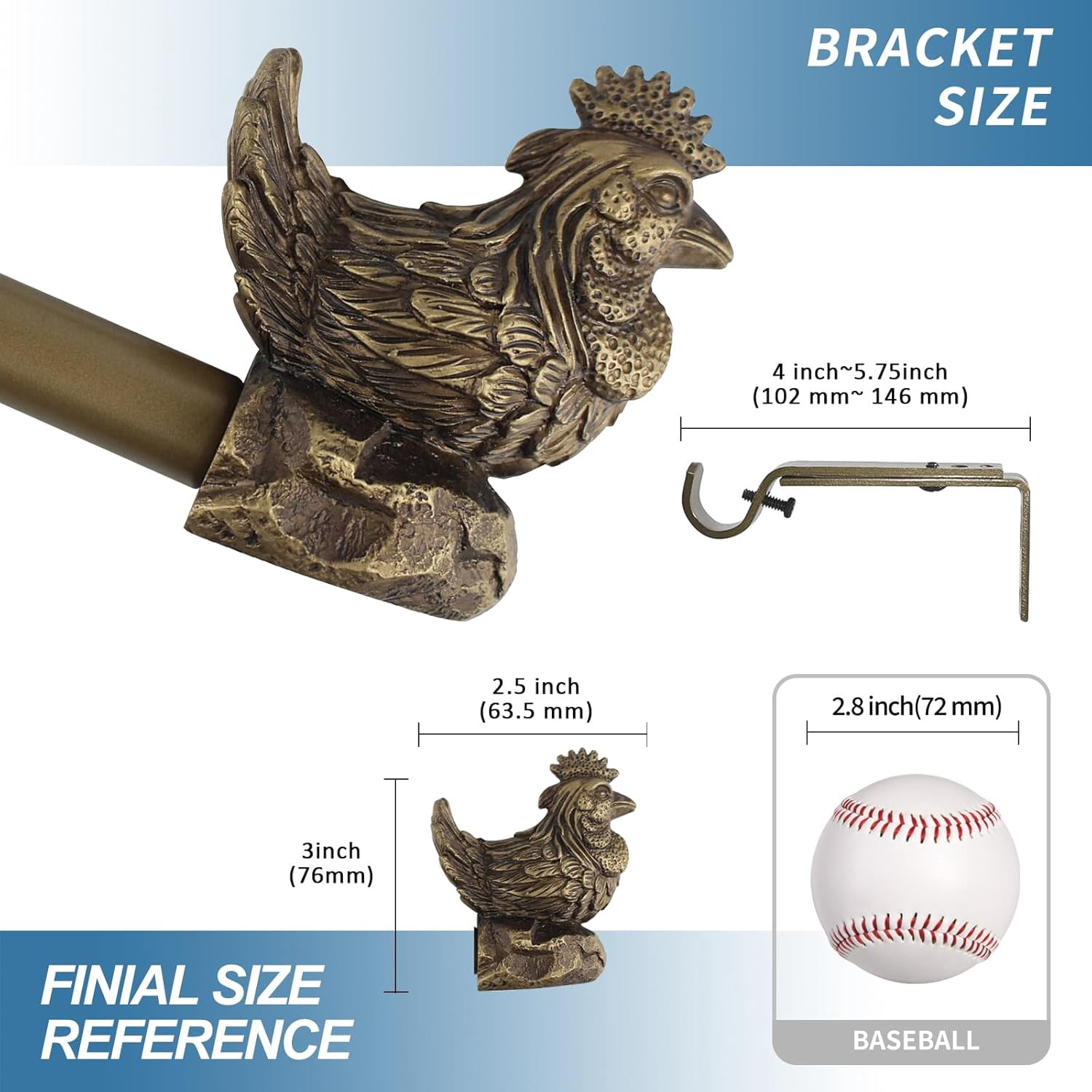 Urbanest Adjustable Single Curtain Rod Set Rooster Finials – 3/4 -Inch Diameter, With Renaissance Gold Rod, 84–120 Inches