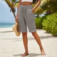 thumbnail image 3 of Bloomae Linen Bermuda Shorts for Women Lightweight Casual Button Side Slit Hem Long Shorts Above Knee Length Drawstring High Waisted Comfy Summer Shorts with Pockets, 3 of 6