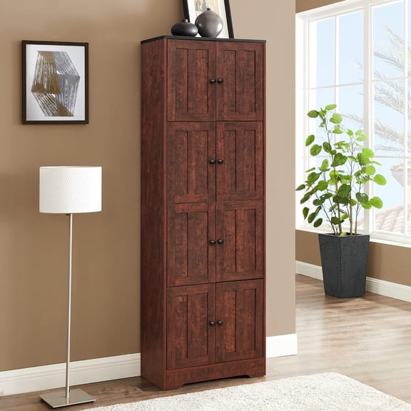 72.4"H Tall Storage Cabinet,Wood Pantry Cabinet Freestanding Storage Organizer with 8 Doors and 4 Shelves for Kitchen,Dining Room,Living Room,Walnut