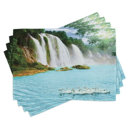 

Waterfall Placemats Set of 4 Image of a Grand Waterfall with Swans in the Lake Sunny Day Nature Print Washable Fabric Place Mats for Dining Room Kitchen Table Decor Blue Green White by Ambesonne