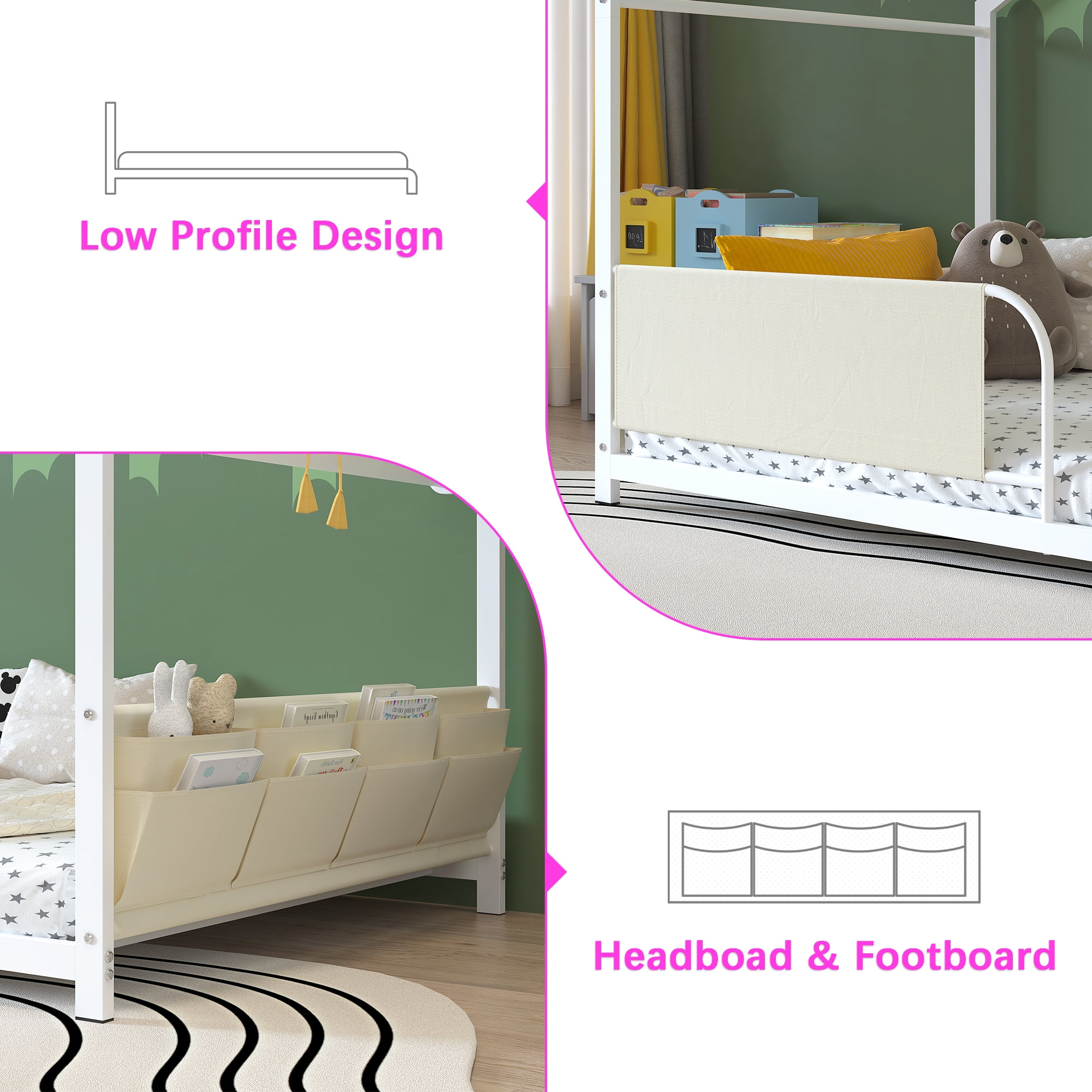 Yoneston Twin Floor Bed with Storage Caddy & Shelf,  House Bed Frame with Fence, Montessori Floor Bed for Kids, Boys and Girls, White