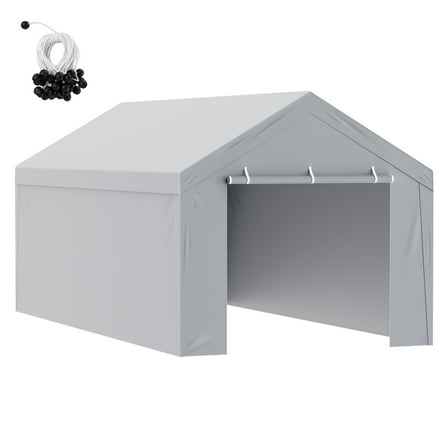 KFFKFF Vehicle Shelter Canopy Top Cover with Side Wall, Dimensions 10 x 20 ft, Robust Tarp for Garage Tent, Resistant to Water and UV Rays, Simple Set Up with Ball Bungees, White Color