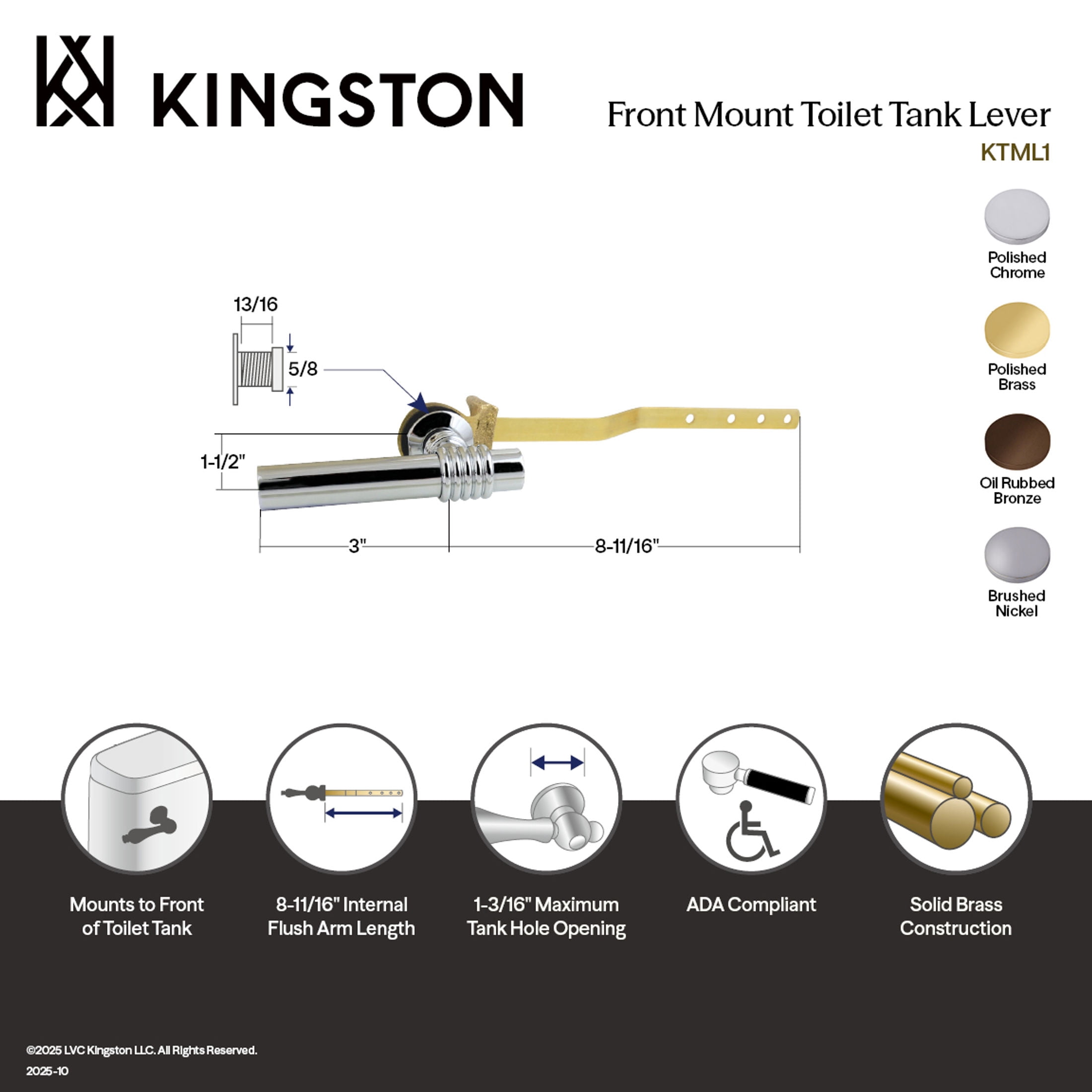Kingston Brass KTML1 Milano Front Mount Toilet Tank Lever, Left/Right Installation in Polished Chrome