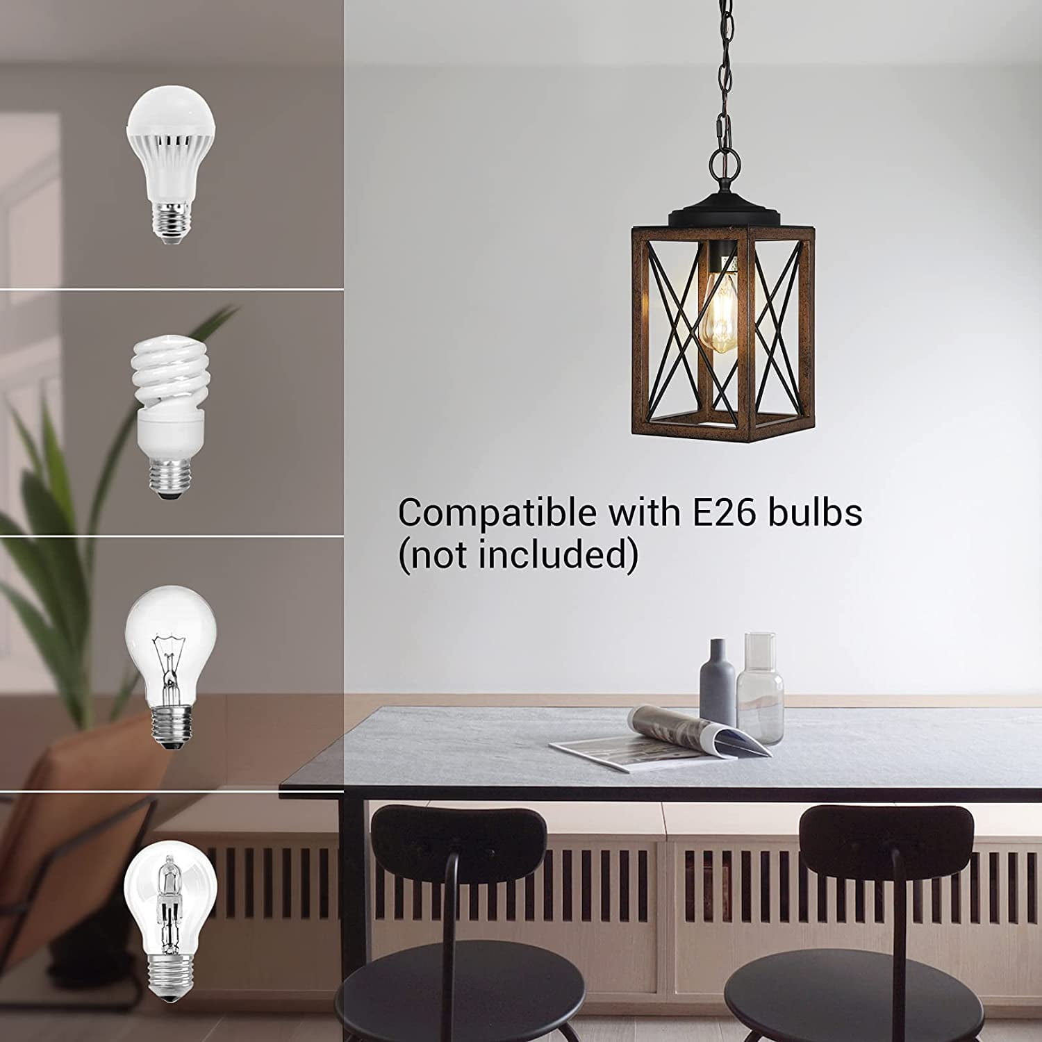 EDISHINE Pendant Lighting for Kitchen Island, Adjustable Height, Rustic Hanging Light Fixtures for Hallway, Metal Hanging Dining Room Lamp, Brown