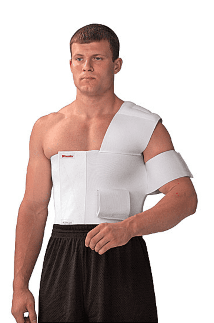 Mueller Shoulder Brace w/unique rear attachment, Left, White Large