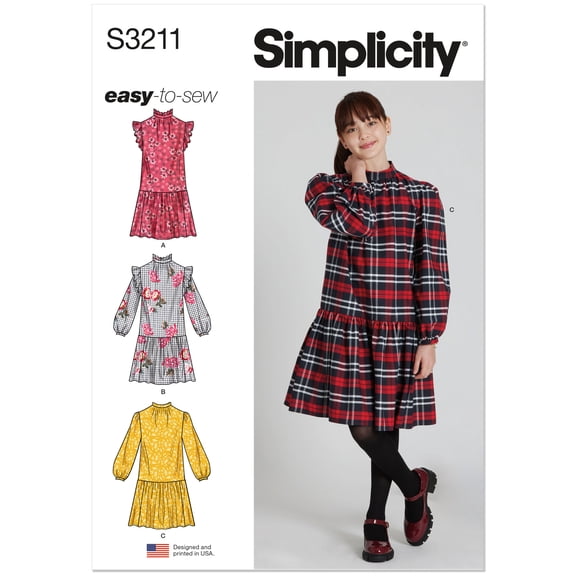 Simplicity Sewing Pattern 3211 - Girls' Dress with Sleeve Variations, Size: A (7-14)