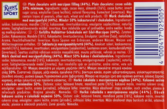 Ritter Sport Marzipan Chocolate Bar 100 g (Pack of 5)