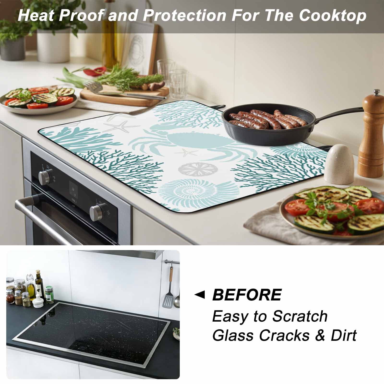 Teal Green Crab Coastal Stove Top Cover for Electric Stove, Heat-proof & Non Slip Glass Top Stove Cover Protector, Summer Coral Nautical Kitchen Flat Cooktop Rubber Mat 24x21 Inches