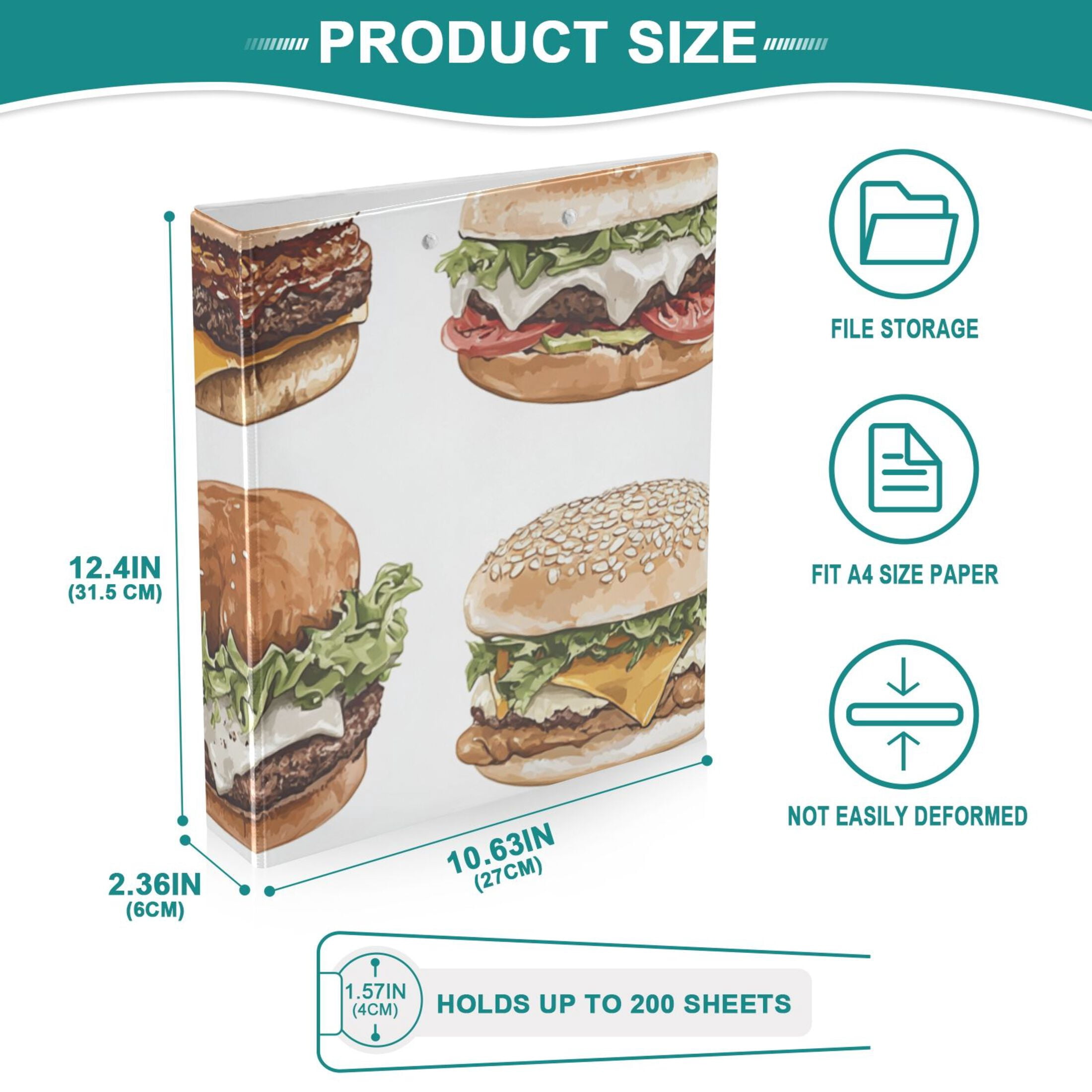 Delicious Hamburgers 3 Ring Binders 1.5 inch Hardcover File Folders with Interior Pockets A4 Size Organizer for School Office Hospital Set of 2