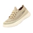 thumbnail image 3 of Domuza Womens Striped Fly Knit Slip On Sneakers, Elastic No-Tie Lace Lightweight Platform Casual Walking Shoes with Fashion Letter Detail Beige 5.5（EU-36）, 3 of 5
