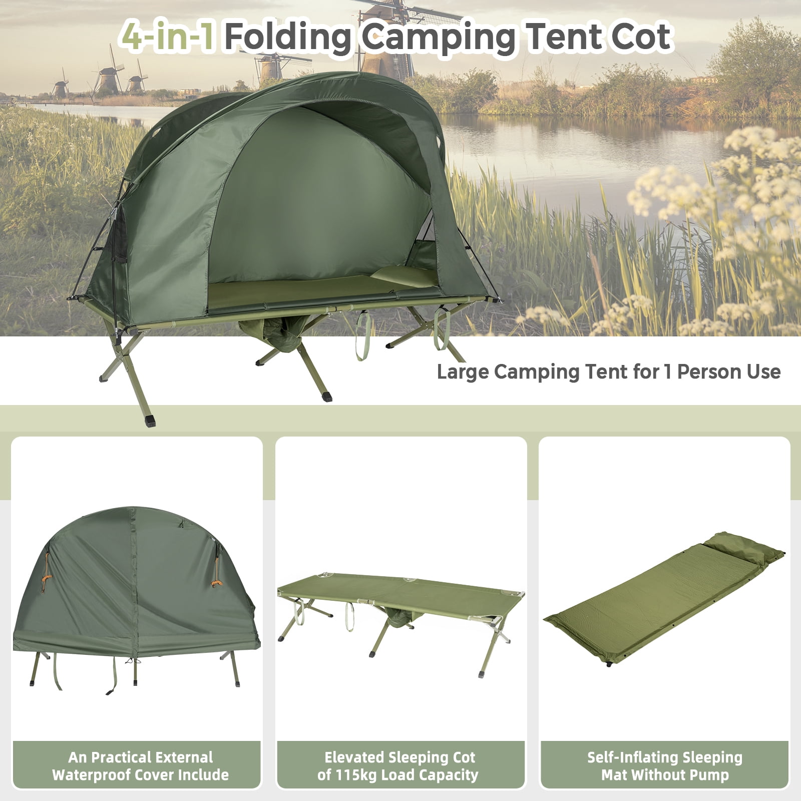Patiojoy 1-Person Folding Camping Tent Cot Portable Outdoor Tent for Backpacking & Hiking Green