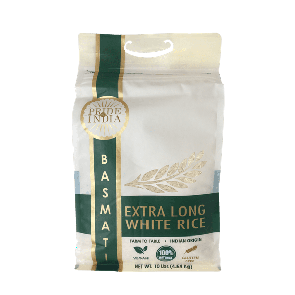 Pride Of India - Extra Long Indian Premium White Basmati Rice, 10 Pound (4.54 Kilo) Reclosable Bag - Naturally Aromatic, Aged, Flavorful, Slender, Non Sticky Grains - Great Value for Money